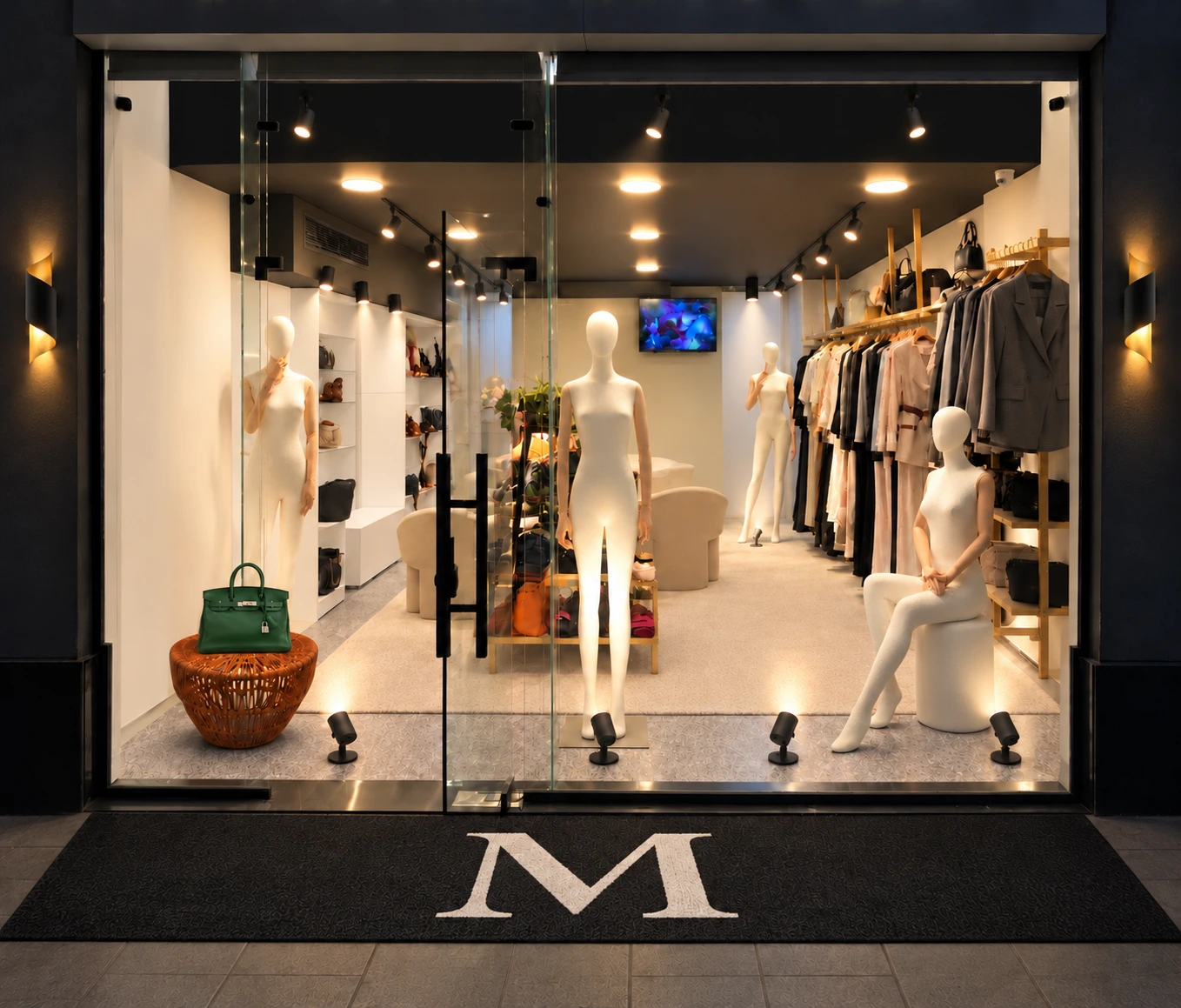 Proposed boutique design with white mannequins, focused lighting and a black entrance mat
